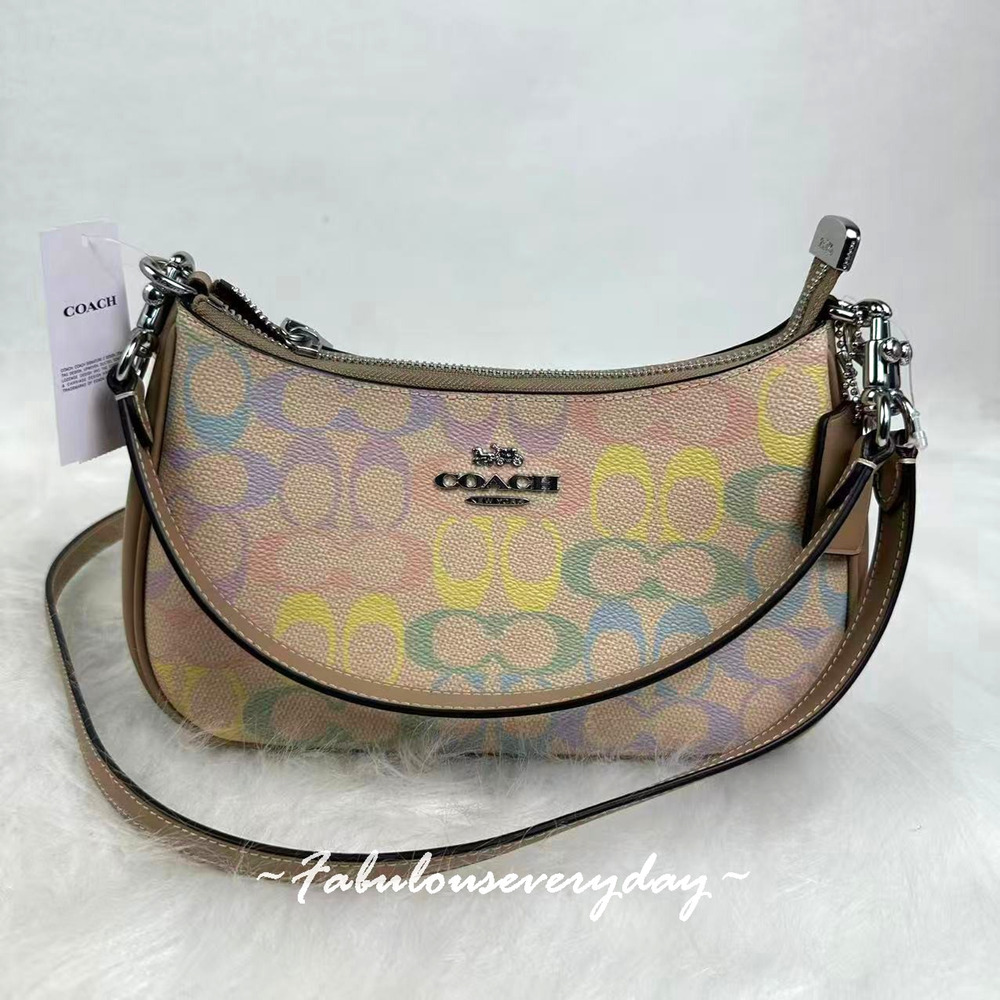 COACH Teri Shoulder Bag In Rainbow Signature Canvas Silver/Sand Multi CDA91 NWT